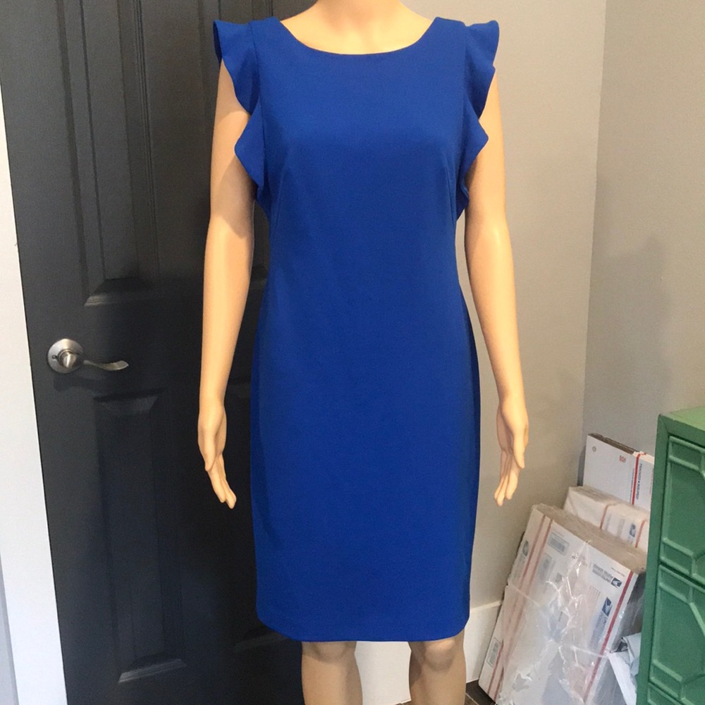 Calvin Klein ruffle sheath dress royal blue